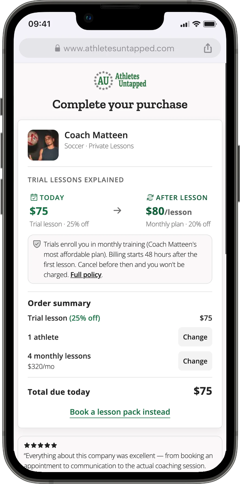 Checkout with the trial lesson explained, on a phone