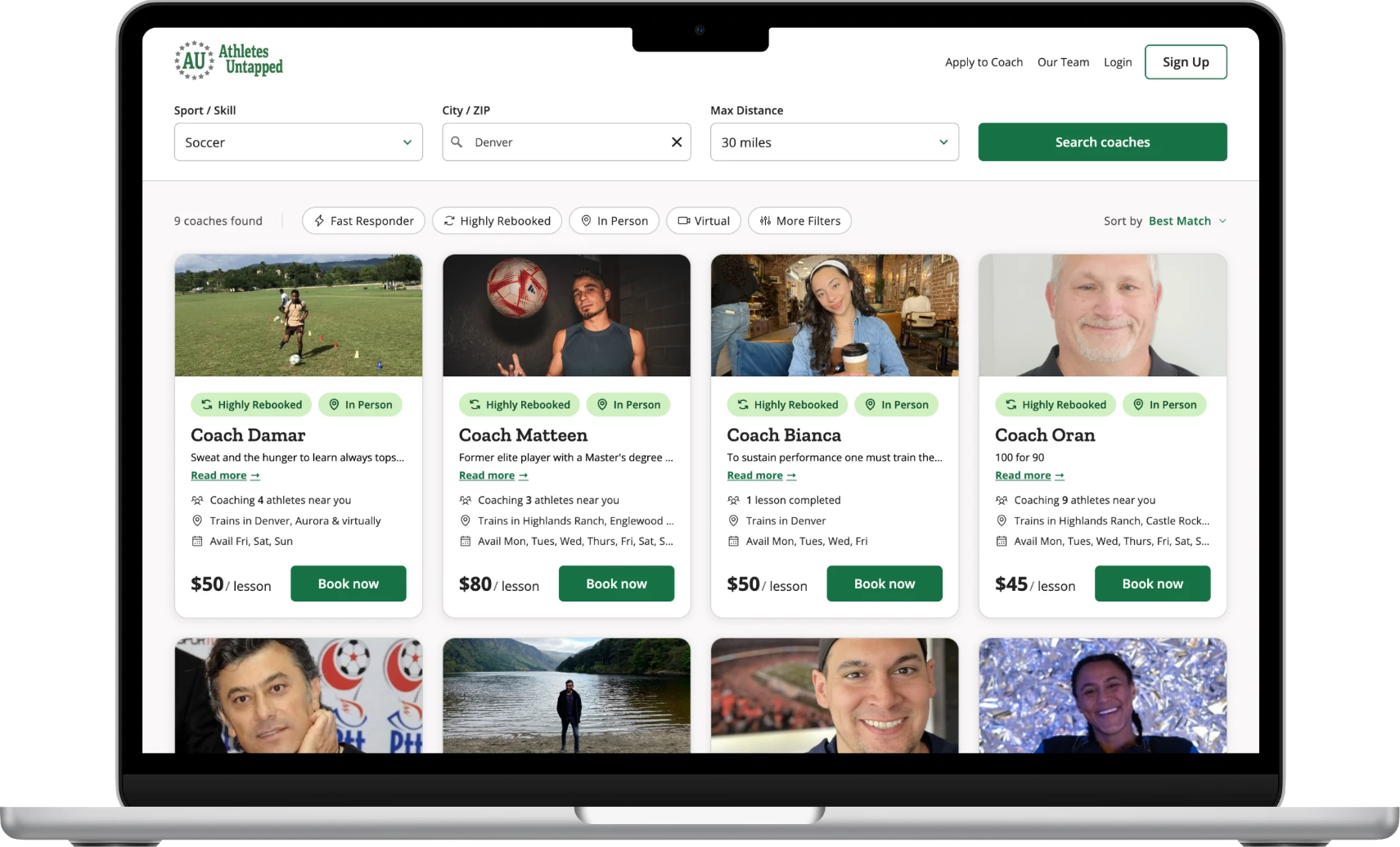 Coach search results with filters and coach cards on a laptop