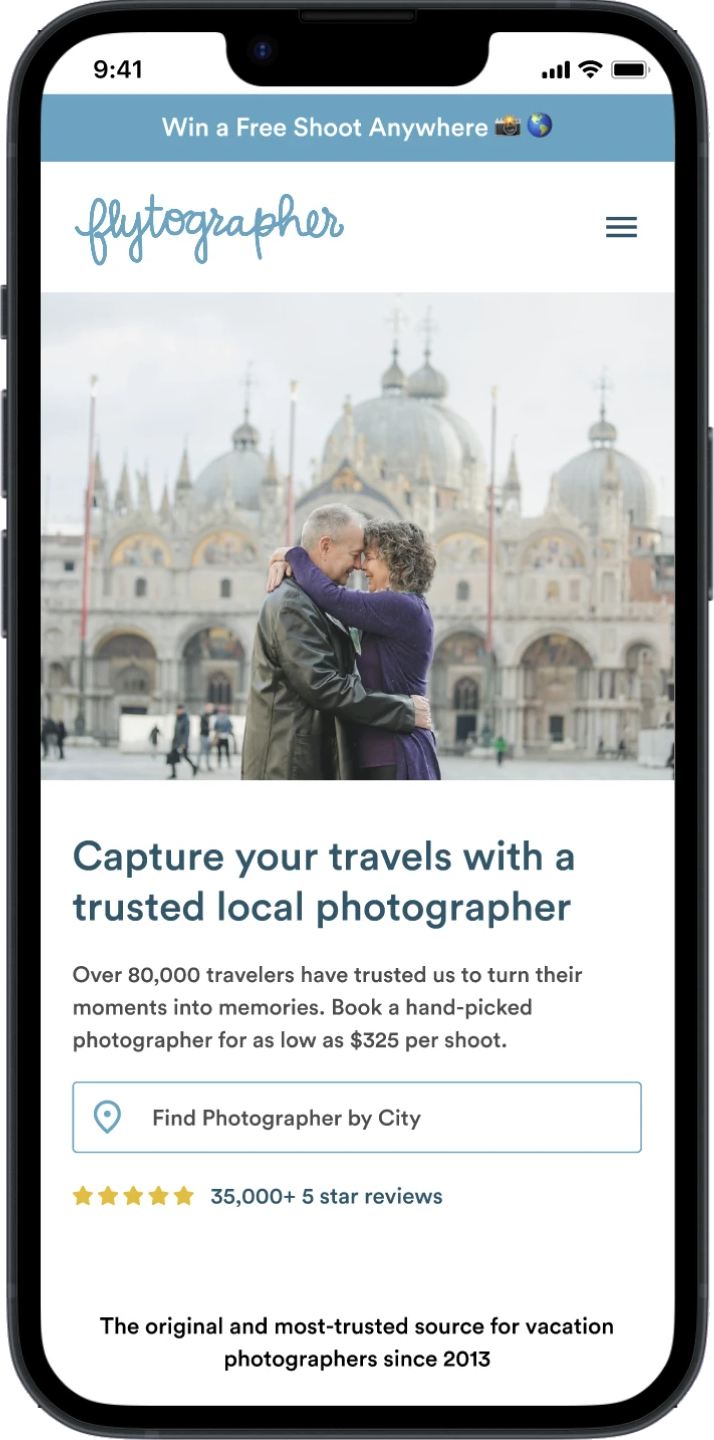 Recommended hero: “Capture your travels with a trusted local photographer” on a phone