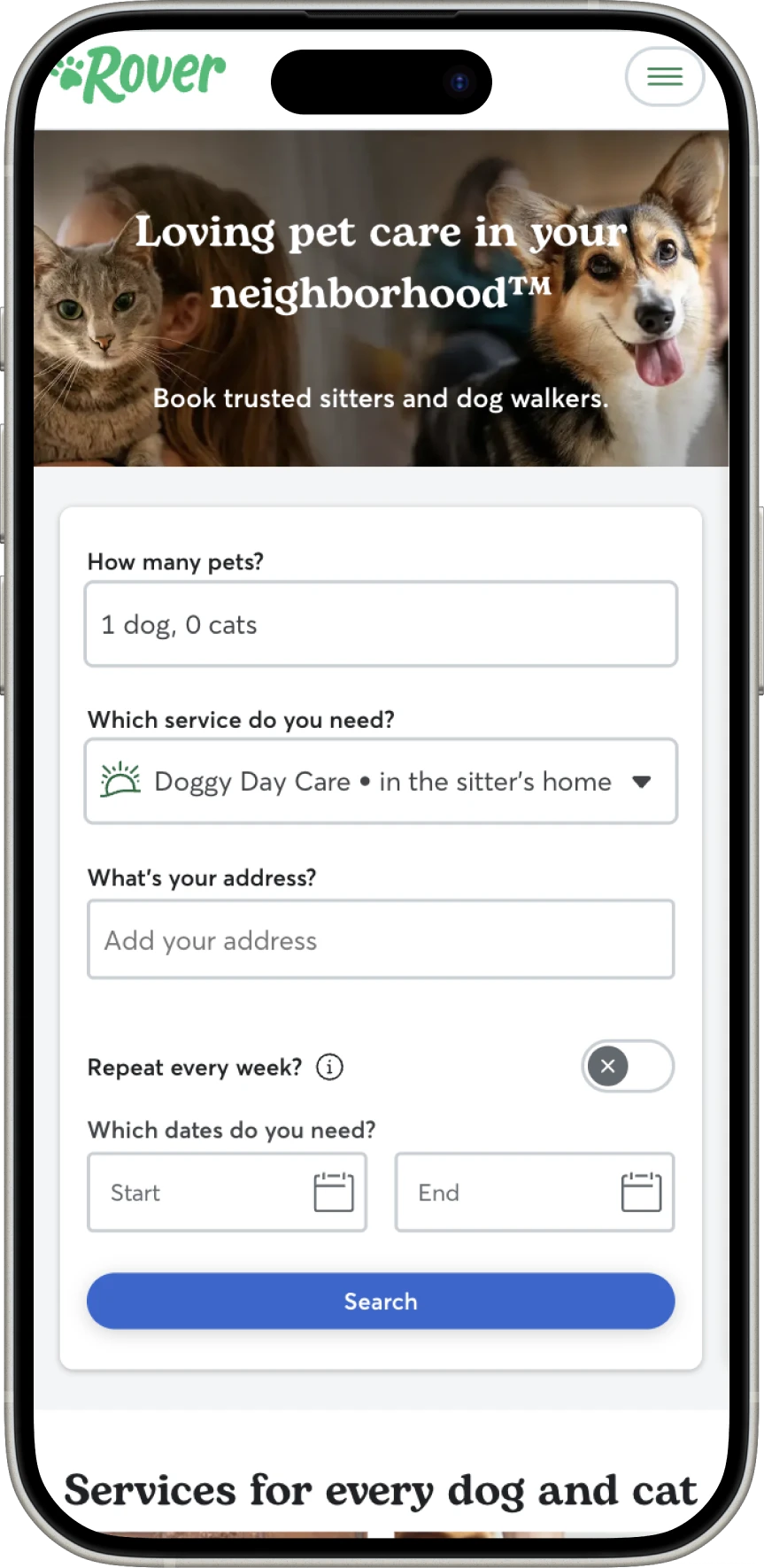 Rover’s sitter search, a filter pattern participants could picture for photographers, on a phone