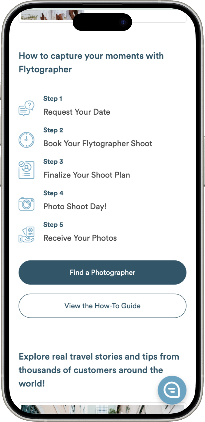 The Flytographer “How it works” steps, far down the page on a phone