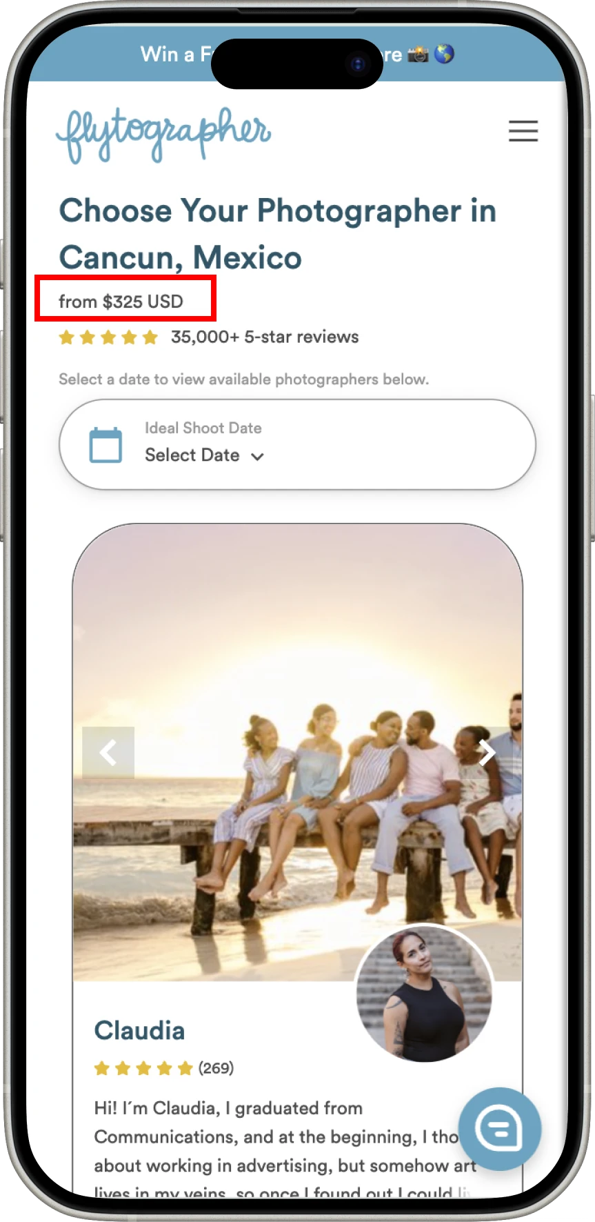 A Flytographer photographer page where the price is shown as “from $325 USD” on a phone