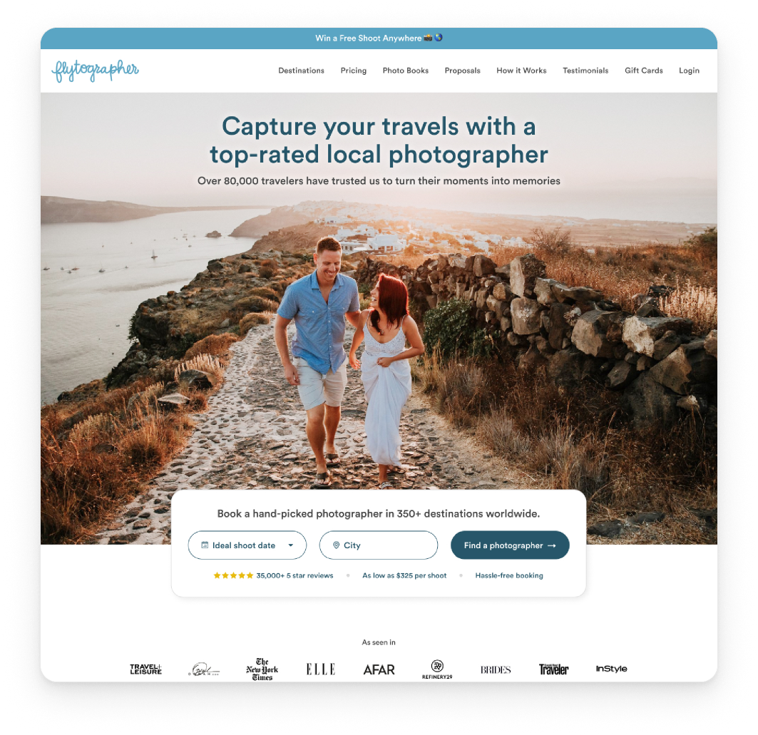 Recommended homepage with a full-bleed photo and a booking bar for date and city