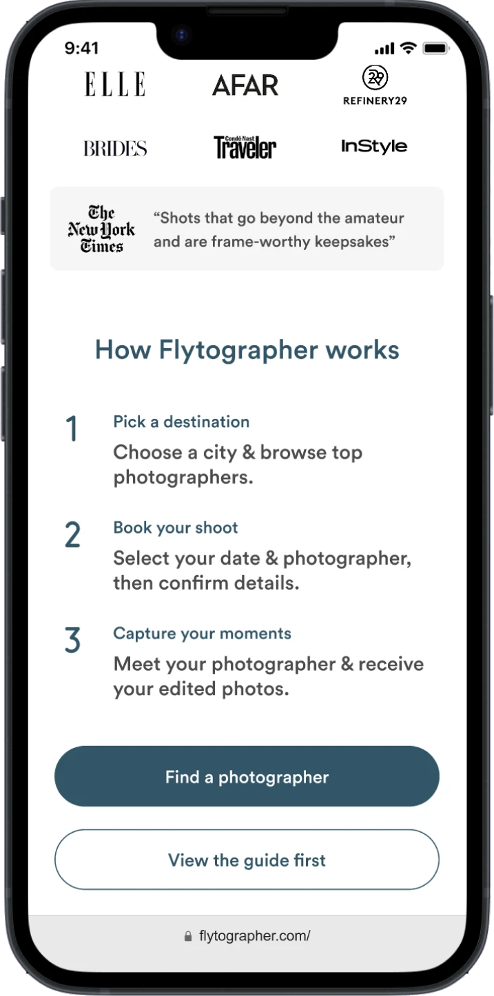 Recommended “How Flytographer works” in three steps, right below the press logos, on a phone